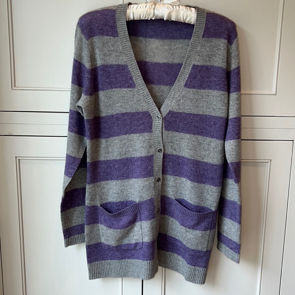 Magaschoni Lightweight Purple and Grey Striped Cashmere V-Neck Cardigan Small